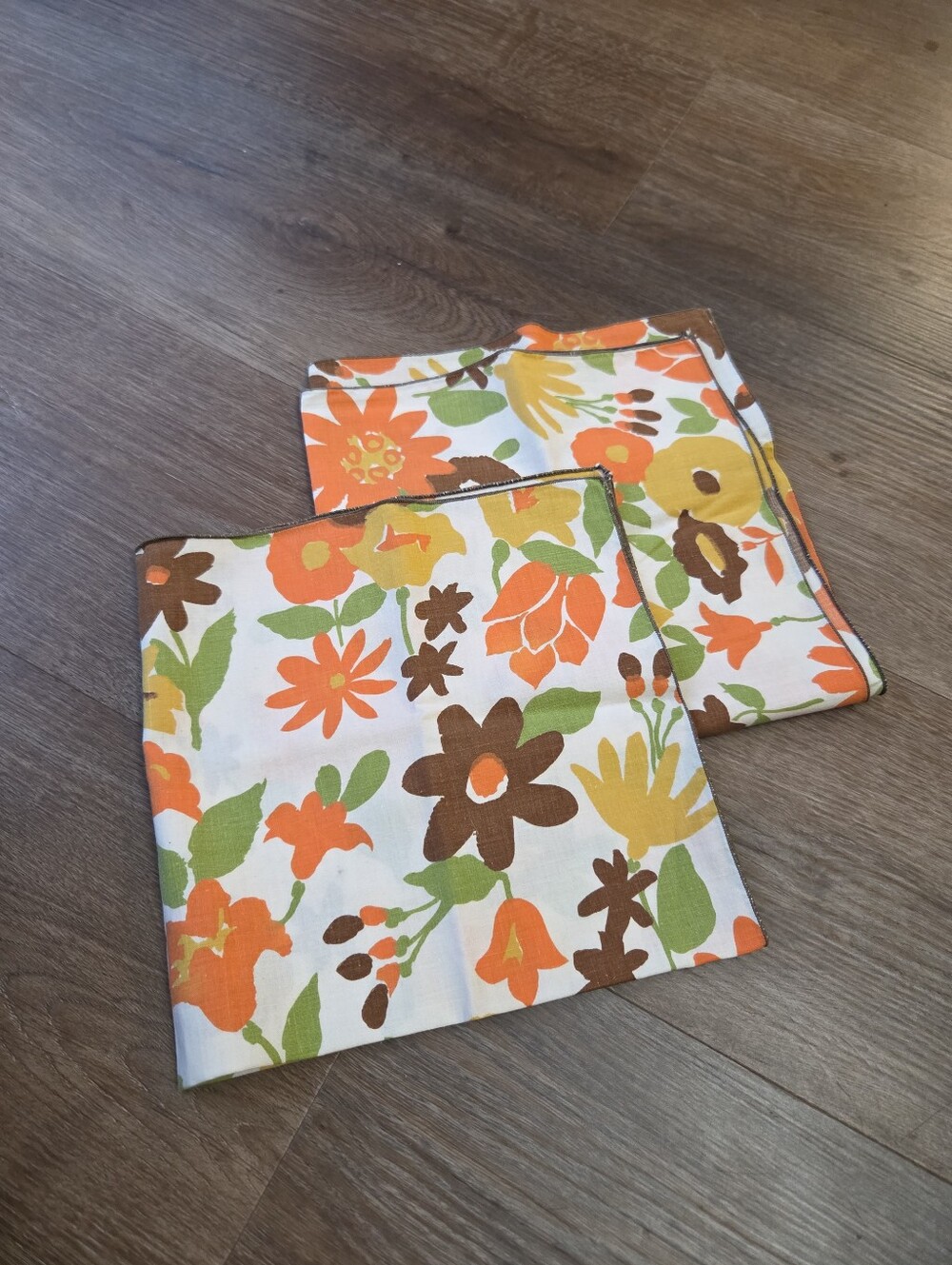 Vintage 70s Orange and Brown Floral Print Hankerchief Cloth Napkins